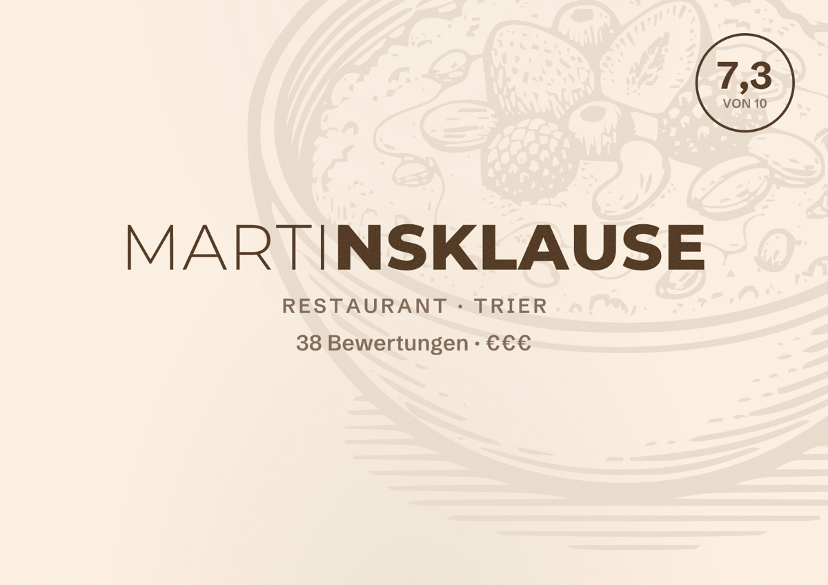 Illustriertes Poster von Martinsklause, Restaurant in Trier: Bewertung 7,3 von 10 aus 38 Bewertungen, Preisniveau €€€
