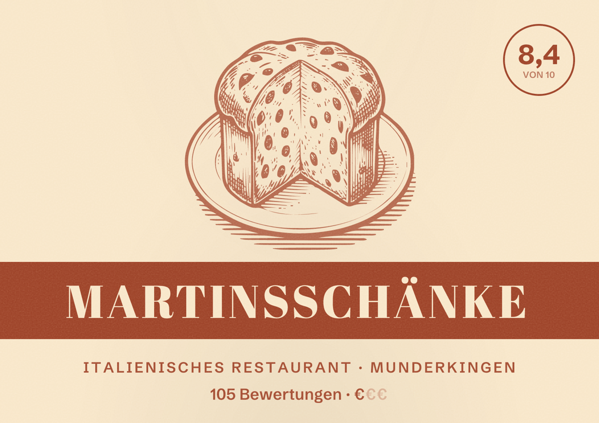 Illustriertes Poster von Martinsschänke, Italienisches Restaurant in Munderkingen: Bewertung 8,4 von 10 aus 105 Bewertungen, Preisniveau €