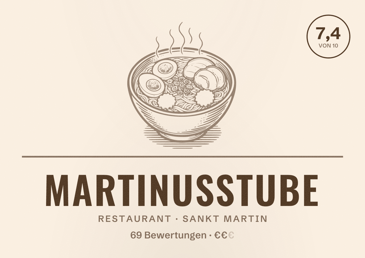 Illustriertes Poster von Martinusstube, Restaurant in Sankt Martin: Bewertung 7,4 von 10 aus 69 Bewertungen, Preisniveau €€