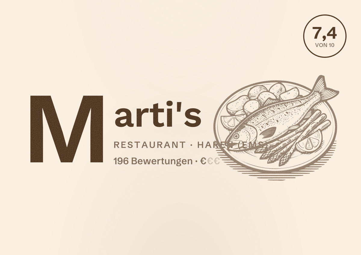 Illustriertes Poster von Marti's, Restaurant in Haren (Ems): Bewertung 7,4 von 10 aus 196 Bewertungen, Preisniveau €