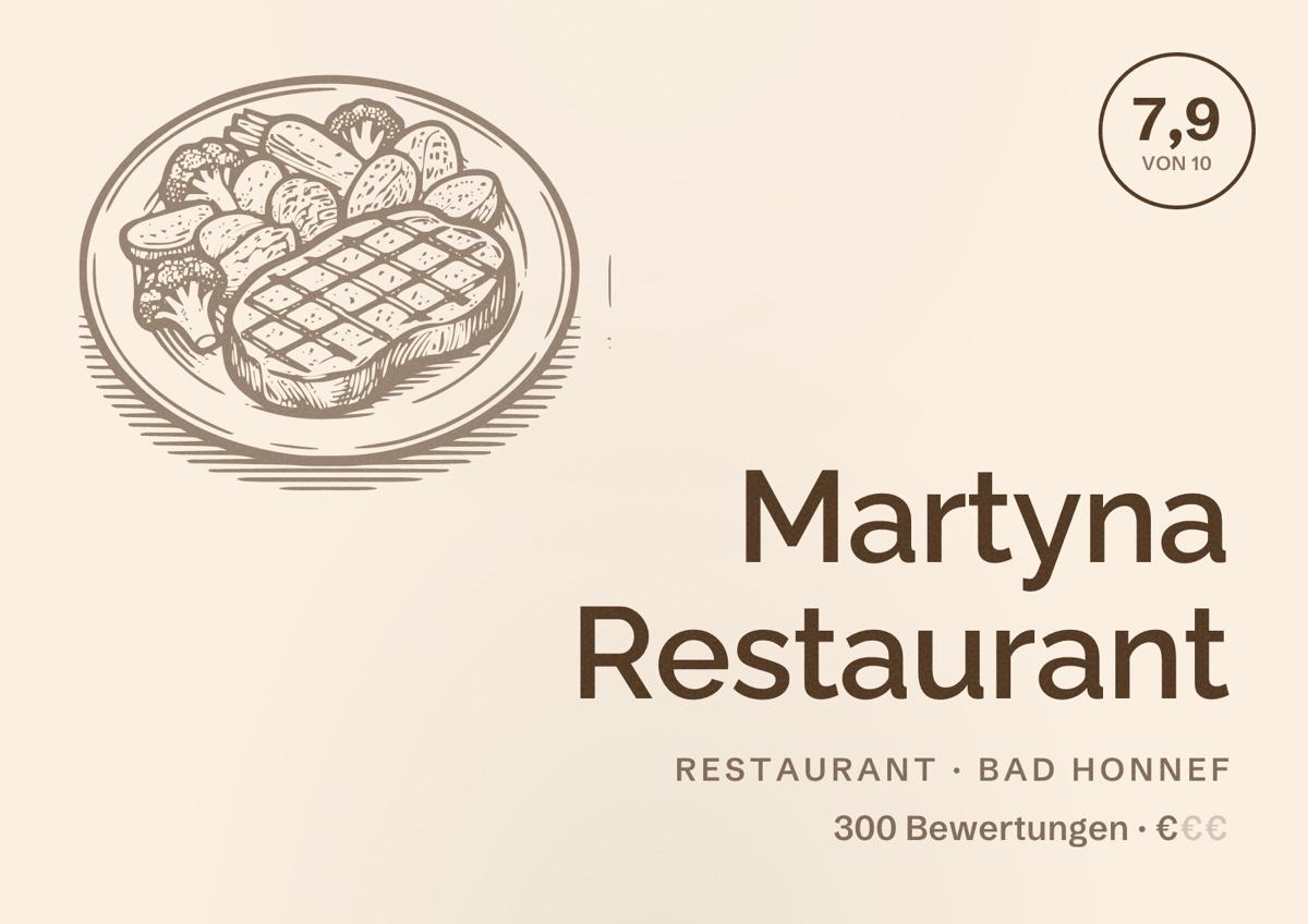 Illustriertes Poster von Martyna Restaurant, Restaurant in Bad Honnef: Bewertung 7,9 von 10 aus 300 Bewertungen, Preisniveau €
