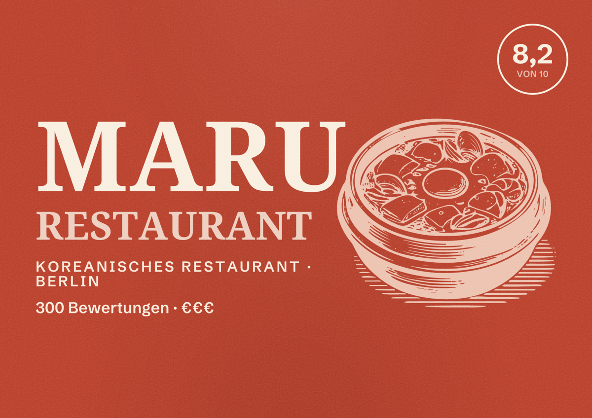 Illustriertes Poster von Maru Restaurant, Koreanisches Restaurant in Berlin: Bewertung 8,2 von 10 aus 300 Bewertungen, Preisniveau €€€