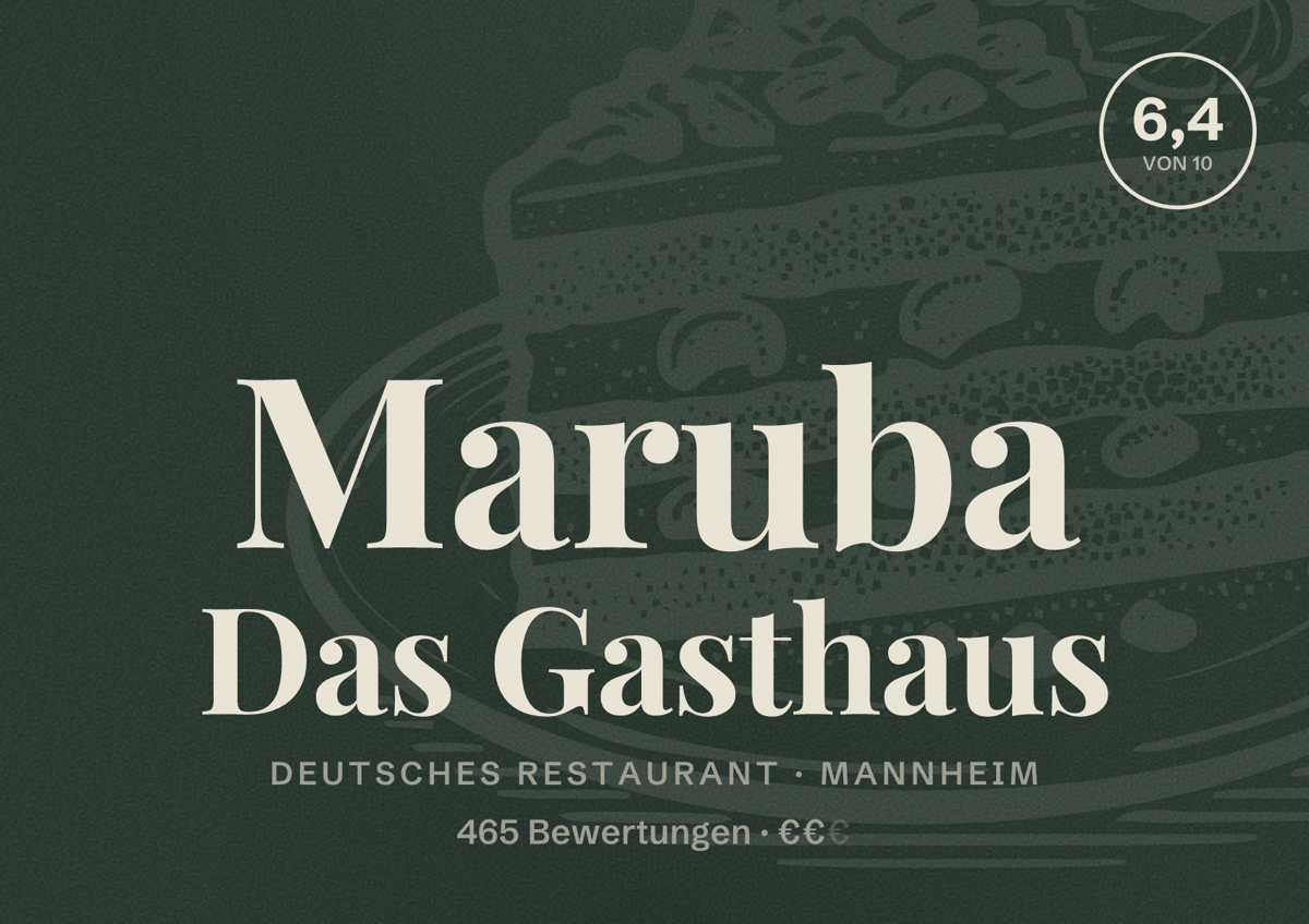 Illustriertes Poster von Maruba Das Gasthaus, Deutsches Restaurant in Mannheim: Bewertung 6,4 von 10 aus 465 Bewertungen, Preisniveau €€