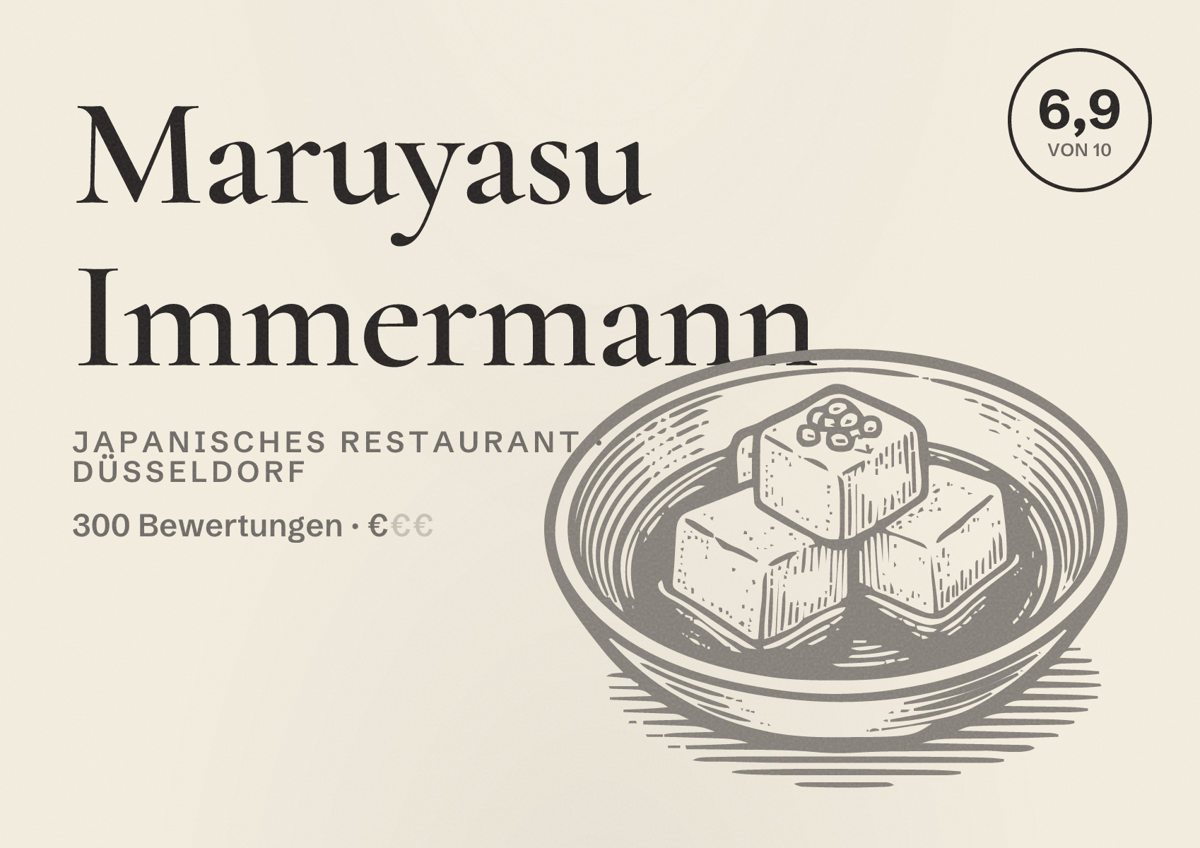 Illustriertes Poster von Maruyasu Immermann, Japanisches Restaurant in Düsseldorf: Bewertung 6,9 von 10 aus 300 Bewertungen, Preisniveau €