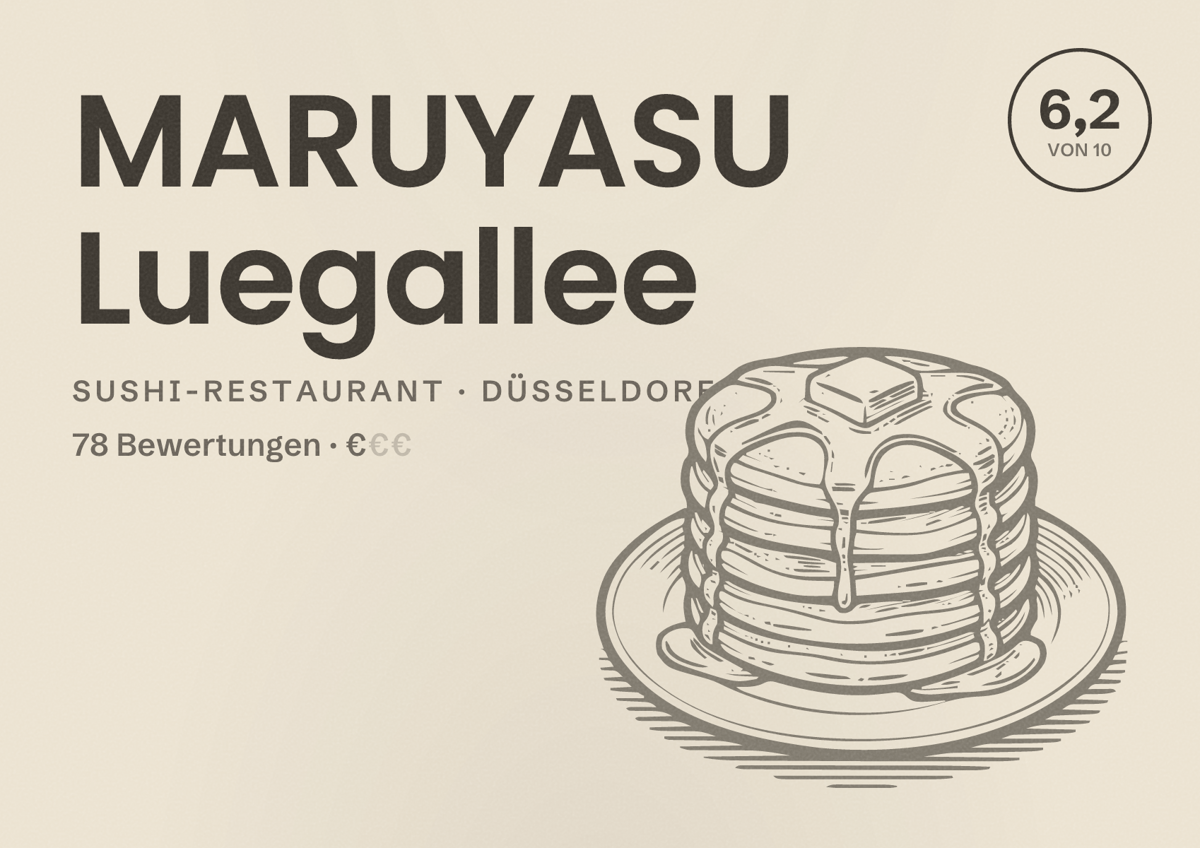 Illustriertes Poster von MARUYASU Luegallee, Sushi-Restaurant in Düsseldorf: Bewertung 6,2 von 10 aus 78 Bewertungen, Preisniveau €