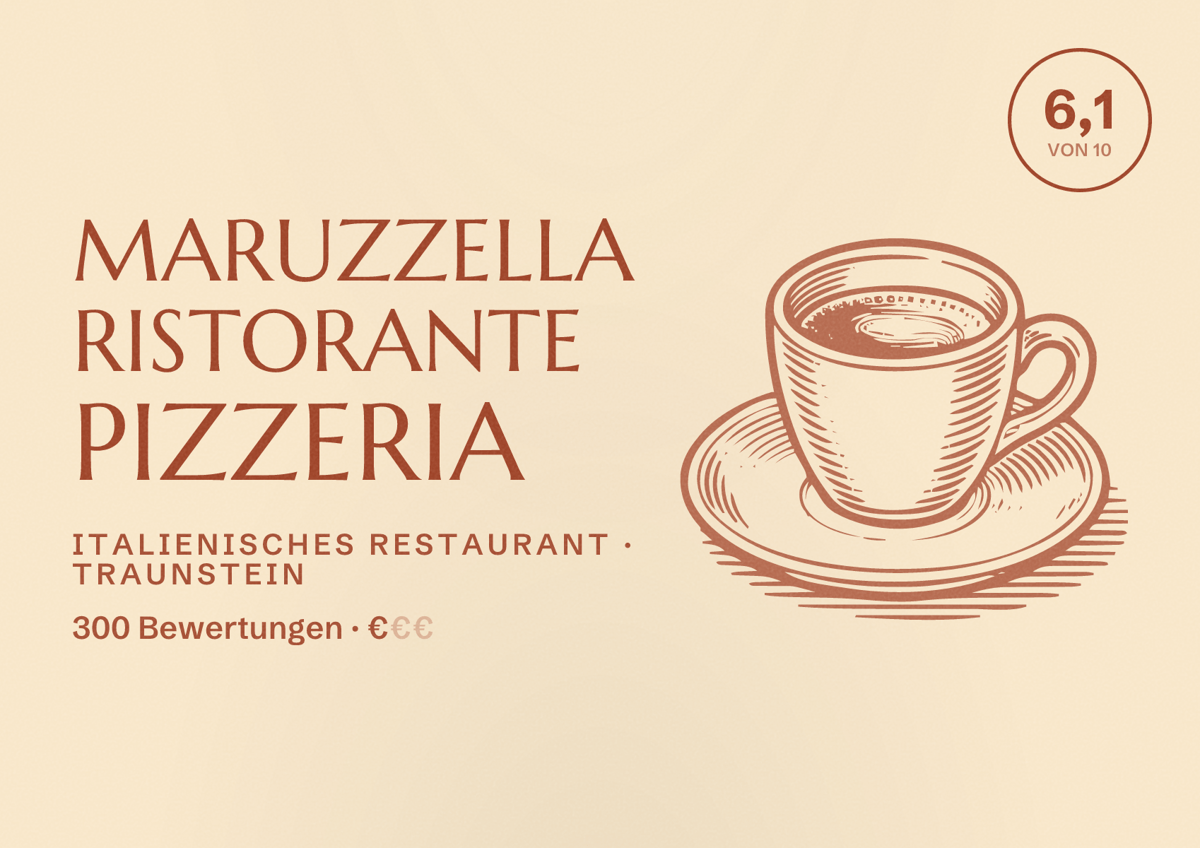 Illustriertes Poster von Maruzzella Ristorante Pizzeria, Italienisches Restaurant in Traunstein: Bewertung 6,1 von 10 aus 300 Bewertungen, Preisniveau €
