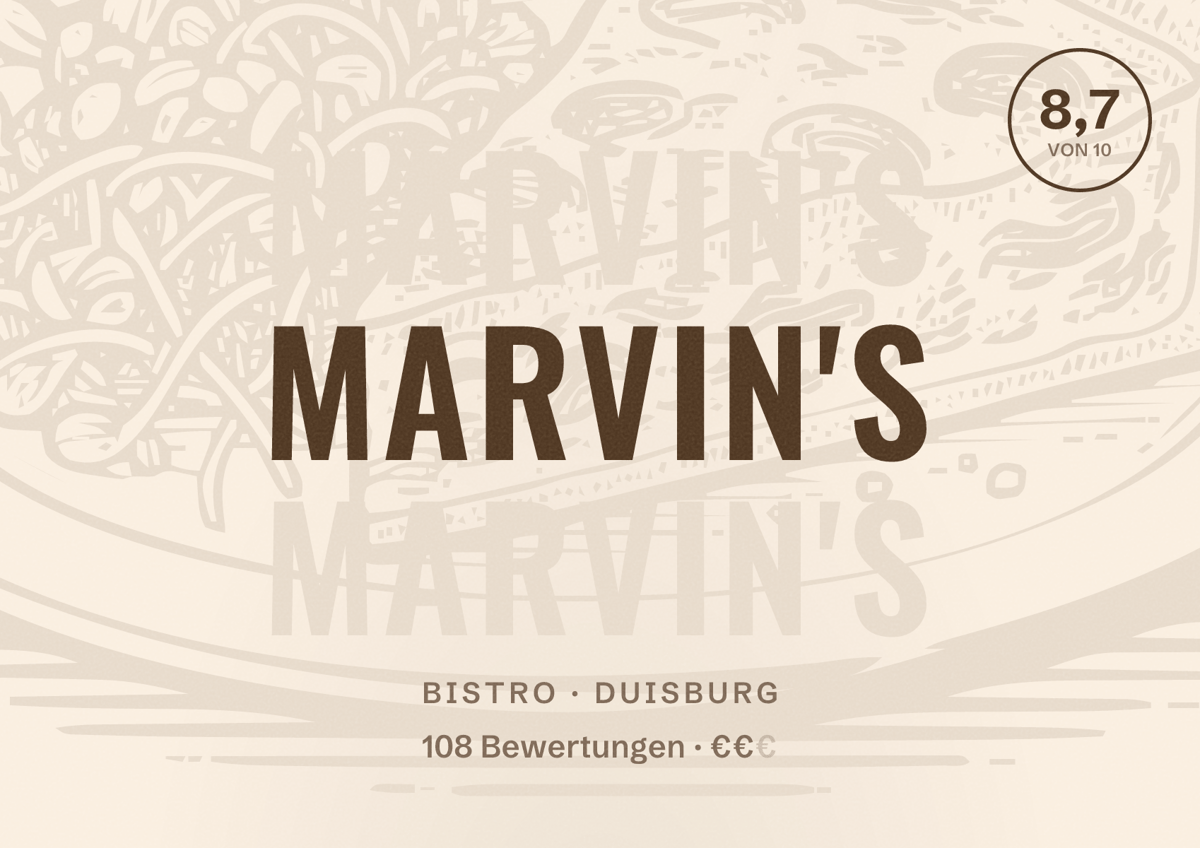 Illustriertes Poster von MarVin's, Bistro in Duisburg: Bewertung 8,7 von 10 aus 108 Bewertungen, Preisniveau €€
