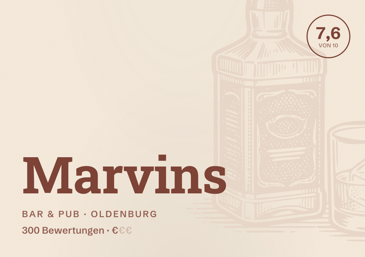 Illustriertes Poster von Marvins, Bar & Pub in Oldenburg: Bewertung 7,6 von 10 aus 300 Bewertungen, Preisniveau €