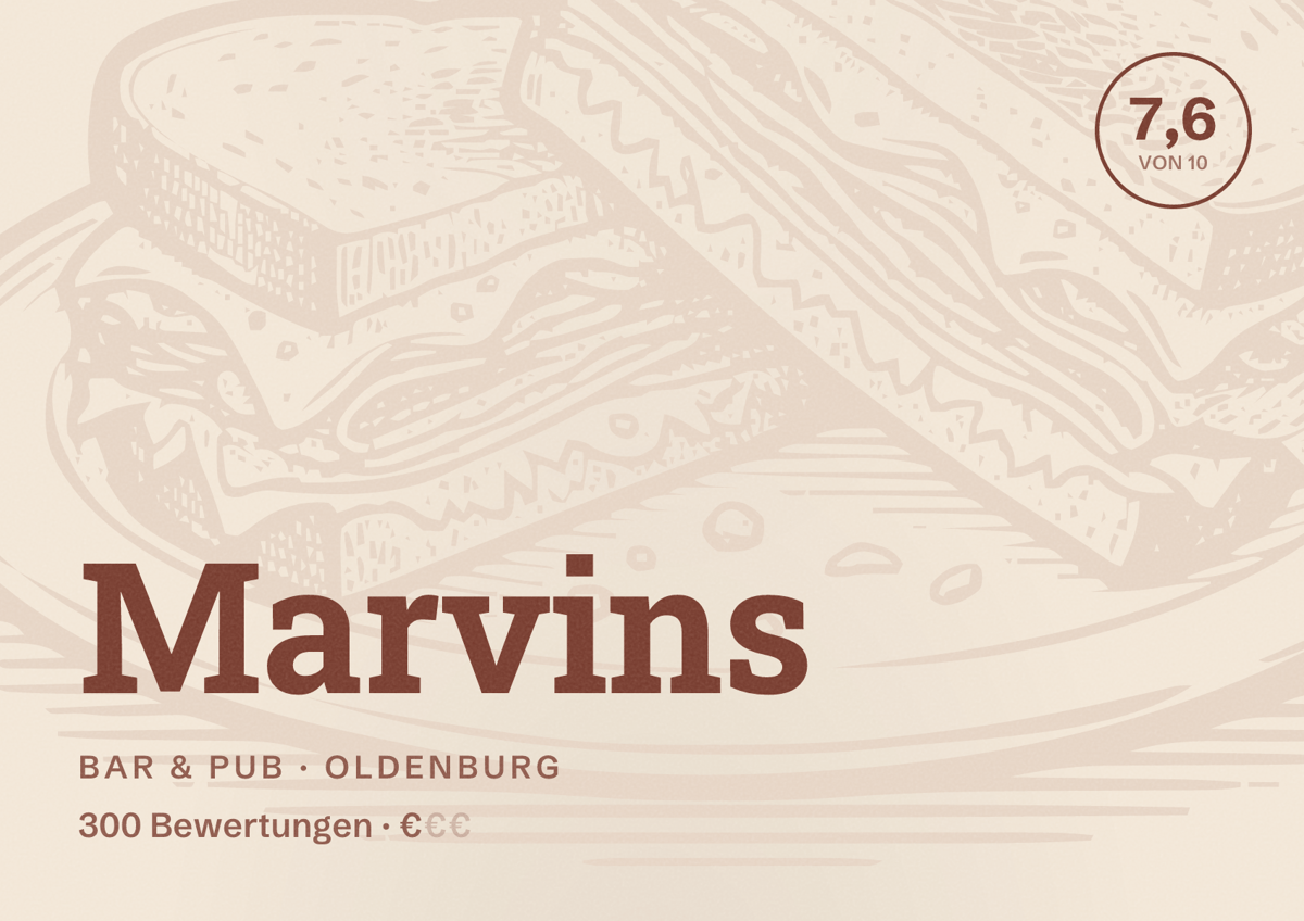 Illustriertes Poster von Marvins, Bar & Pub in Oldenburg: Bewertung 7,6 von 10 aus 300 Bewertungen, Preisniveau €
