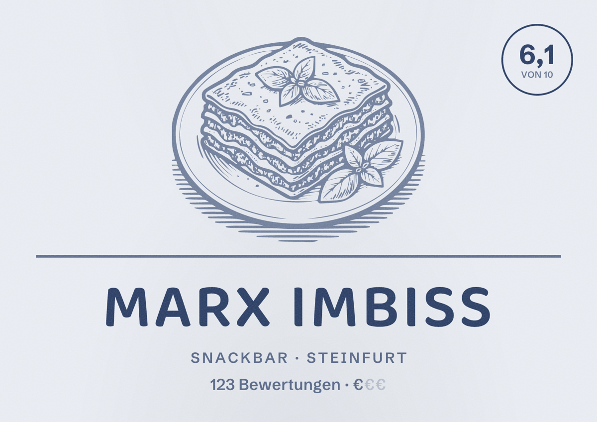Illustriertes Poster von Marx Imbiss, Snackbar in Steinfurt: Bewertung 6,1 von 10 aus 123 Bewertungen, Preisniveau €