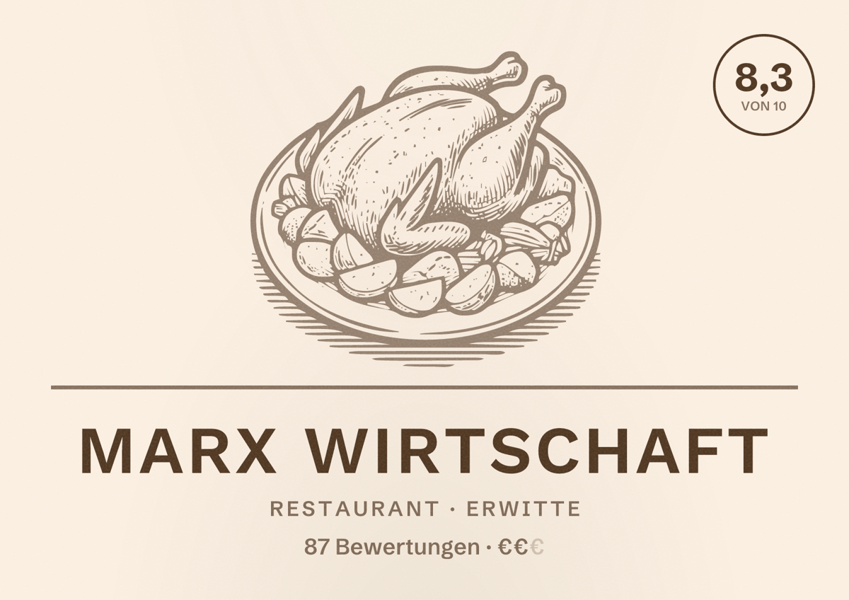 Illustriertes Poster von Marx Wirtschaft, Restaurant in Erwitte: Bewertung 8,3 von 10 aus 87 Bewertungen, Preisniveau €€