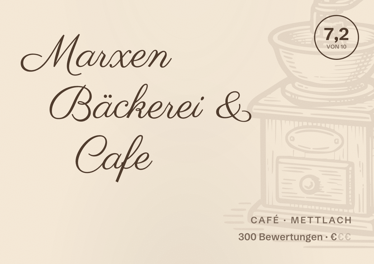 Illustriertes Poster von Marxen Bäckerei & Cafe, Café in Mettlach: Bewertung 7,2 von 10 aus 300 Bewertungen, Preisniveau €