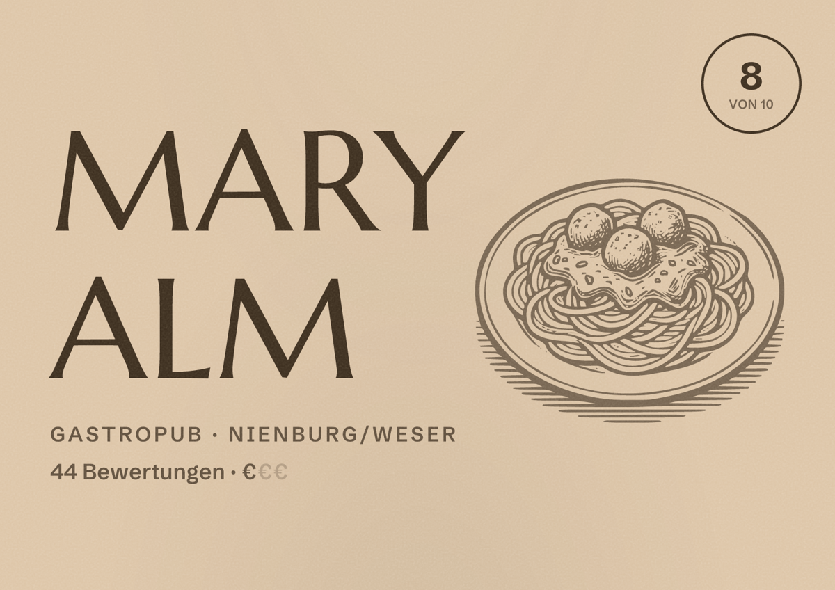 Illustriertes Poster von Mary Alm, Gastropub in Nienburg/Weser: Bewertung 8 von 10 aus 44 Bewertungen, Preisniveau €