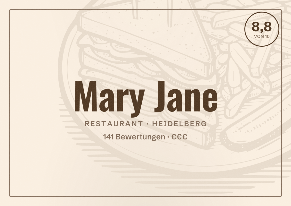 Illustriertes Poster von Mary Jane, Restaurant in Heidelberg: Bewertung 8,8 von 10 aus 141 Bewertungen, Preisniveau €€€