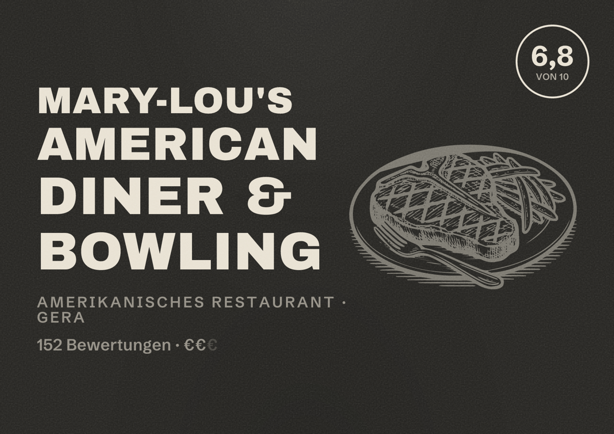 Illustriertes Poster von Mary-Lou's American Diner & Bowling, Amerikanisches Restaurant in Gera: Bewertung 6,8 von 10 aus 152 Bewertungen, Preisniveau €€