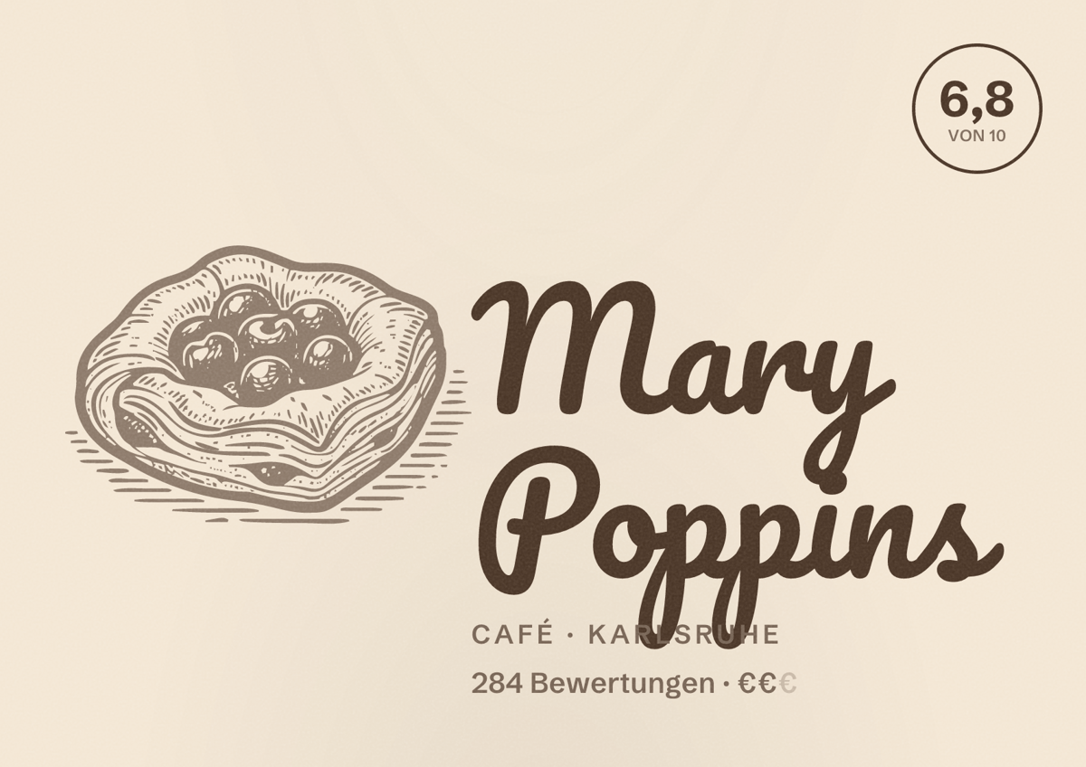 Illustriertes Poster von Mary Poppins, Café in Karlsruhe: Bewertung 6,8 von 10 aus 284 Bewertungen, Preisniveau €€