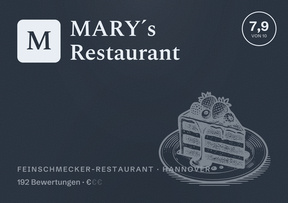 Illustriertes Poster von MARY´s Restaurant, Feinschmecker-Restaurant in Hannover: Bewertung 7,9 von 10 aus 192 Bewertungen, Preisniveau €