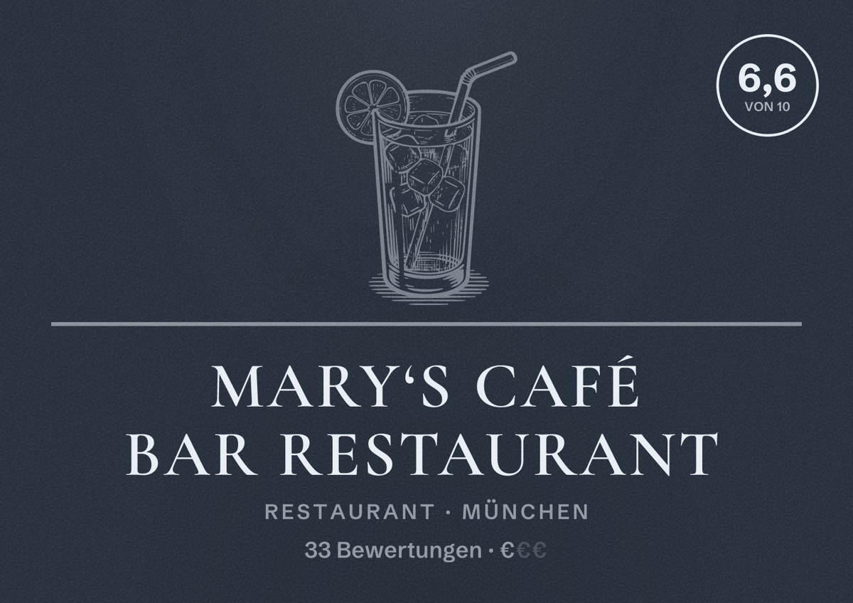 Illustriertes Poster von Mary‘s Café Bar Restaurant, Restaurant in München: Bewertung 6,6 von 10 aus 33 Bewertungen, Preisniveau €