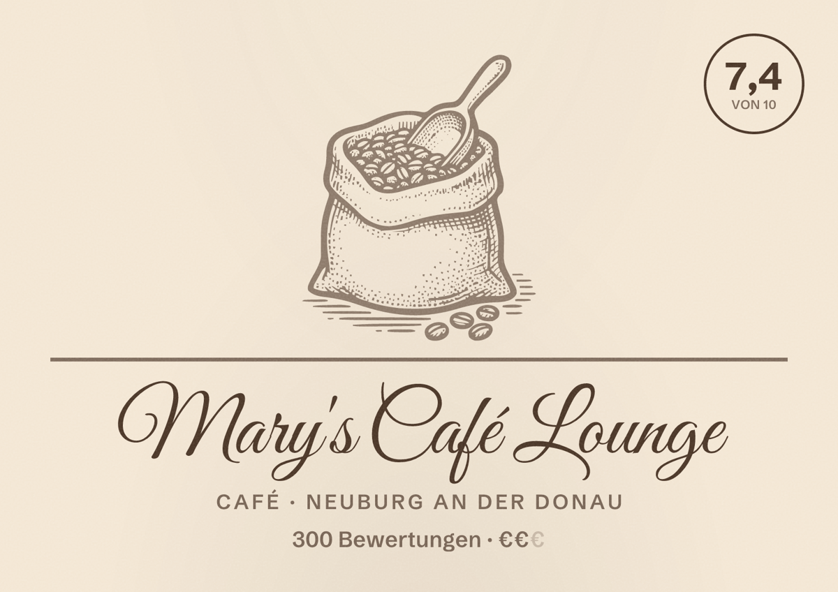 Illustriertes Poster von Mary's Café Lounge, Café in Neuburg an der Donau: Bewertung 7,4 von 10 aus 300 Bewertungen, Preisniveau €€