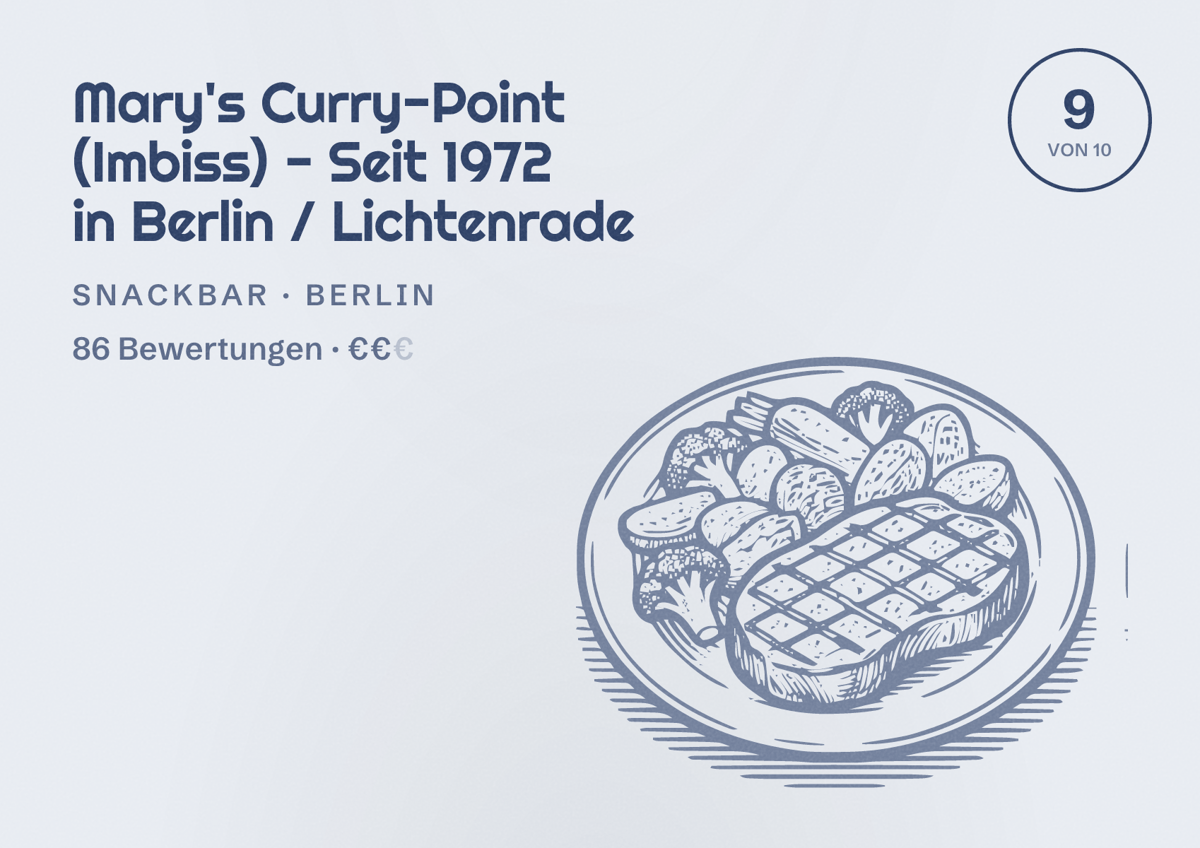 Illustriertes Poster von Mary's Curry-Point (Imbiss) - Seit 1972 in Berlin / Lichtenrade, Snackbar in Berlin: Bewertung 9,0 von 10 aus 86 Bewertungen, Preisniveau €€