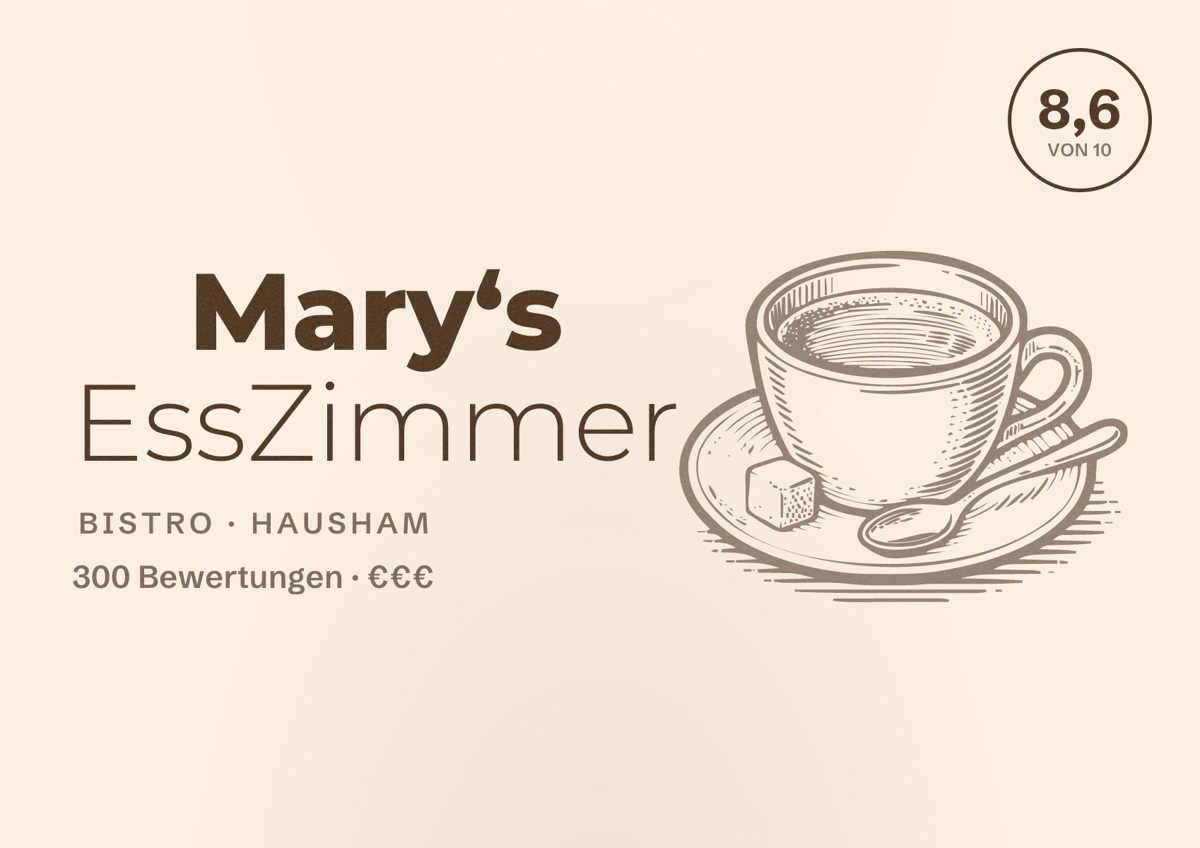 Illustriertes Poster von Mary‘s EssZimmer, Bistro in Hausham: Bewertung 8,6 von 10 aus 300 Bewertungen, Preisniveau €€€