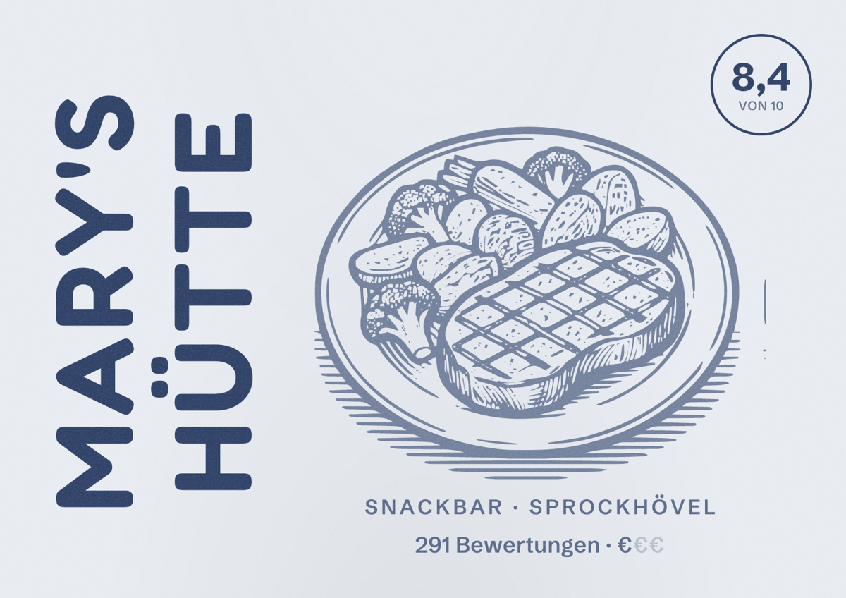 Illustriertes Poster von Mary's Hütte, Snackbar in Sprockhövel: Bewertung 8,4 von 10 aus 291 Bewertungen, Preisniveau €