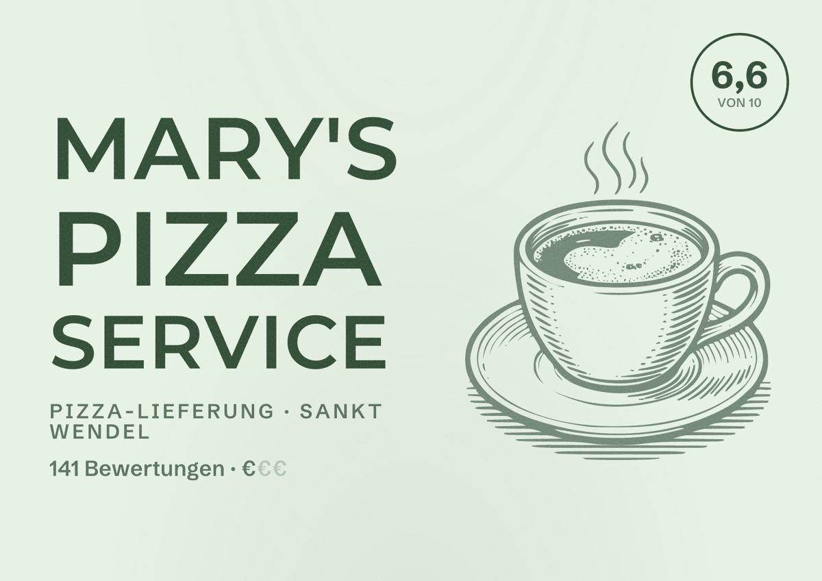 Illustriertes Poster von Mary's Pizza Service, Pizza-Lieferung in Sankt Wendel: Bewertung 6,6 von 10 aus 141 Bewertungen, Preisniveau €