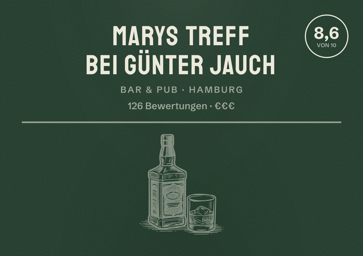 Illustriertes Poster von Marys Treff bei Günter Jauch, Bar & Pub in Hamburg: Bewertung 8,6 von 10 aus 126 Bewertungen, Preisniveau €€€