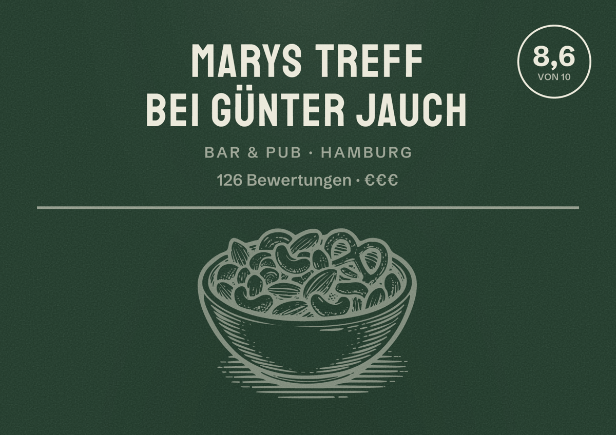 Illustriertes Poster von Marys Treff bei Günter Jauch, Bar & Pub in Hamburg: Bewertung 8,6 von 10 aus 126 Bewertungen, Preisniveau €€€