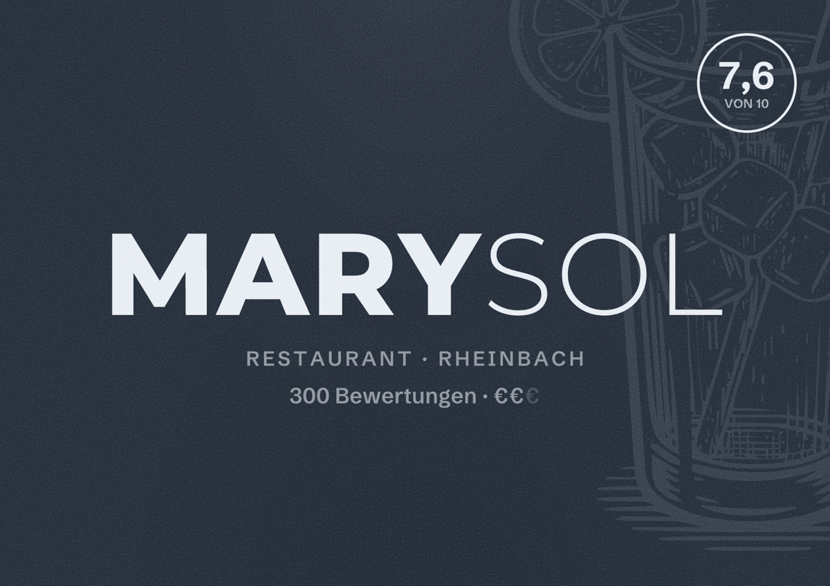 Illustriertes Poster von MarYSol, Restaurant in Rheinbach: Bewertung 7,6 von 10 aus 300 Bewertungen, Preisniveau €€