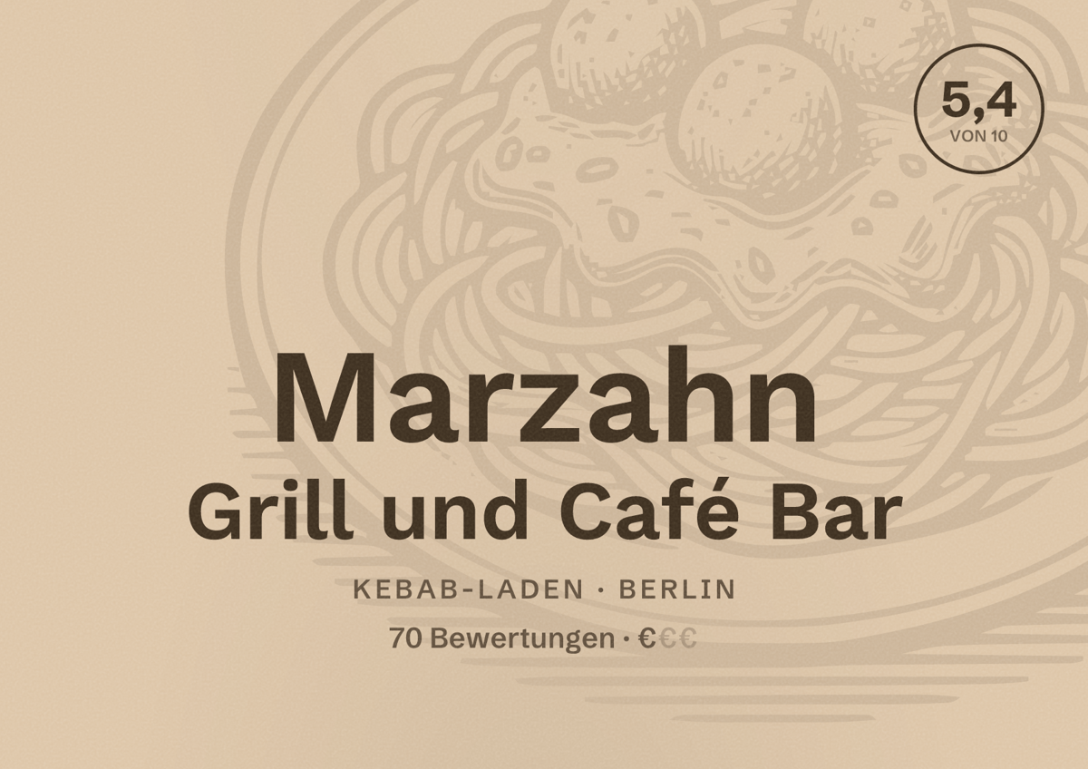 Illustriertes Poster von Marzahn Grill und Café Bar, Kebab-Laden in Berlin: Bewertung 5,4 von 10 aus 70 Bewertungen, Preisniveau €