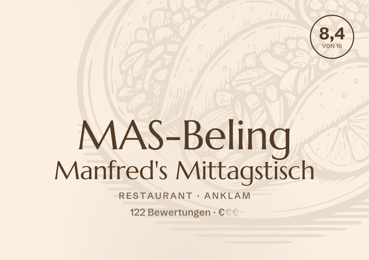 Illustriertes Poster von MAS-Beling Manfred's Mittagstisch, Restaurant in Anklam: Bewertung 8,4 von 10 aus 122 Bewertungen, Preisniveau €