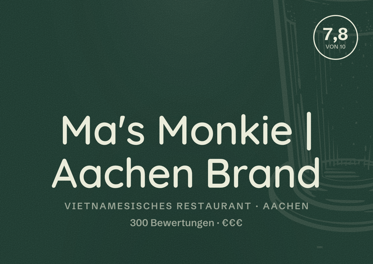 Illustriertes Poster von Ma's Monkie | Aachen Brand, Vietnamesisches Restaurant in Aachen: Bewertung 7,8 von 10 aus 300 Bewertungen, Preisniveau €€€