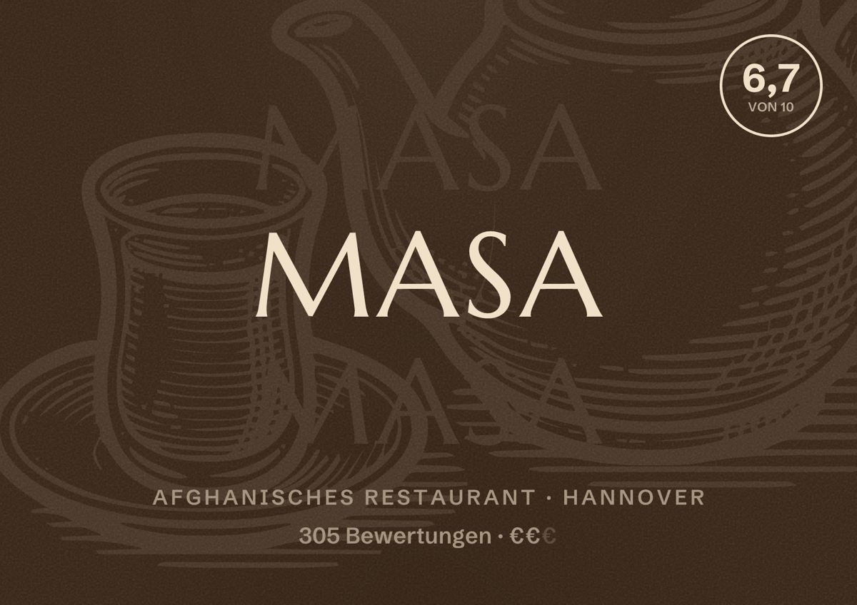 Illustriertes Poster von Masa, Afghanisches Restaurant in Hannover: Bewertung 6,7 von 10 aus 305 Bewertungen, Preisniveau €€