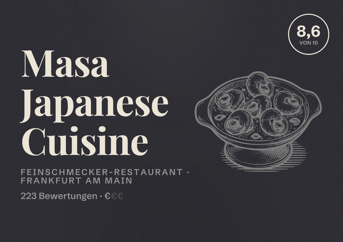 Illustriertes Poster von Masa Japanese Cuisine, Feinschmecker-Restaurant in Frankfurt am Main: Bewertung 8,6 von 10 aus 223 Bewertungen, Preisniveau €