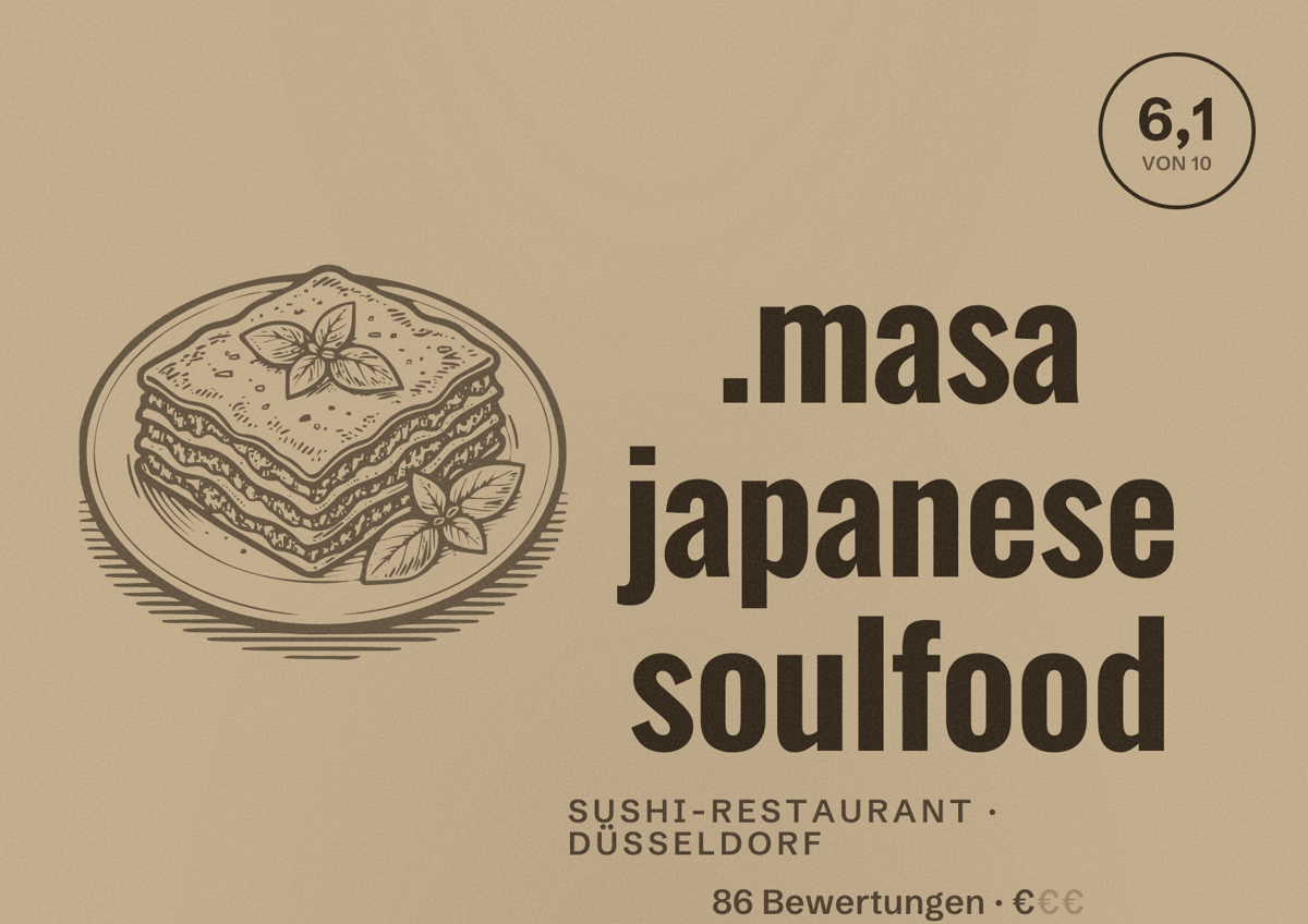 Illustriertes Poster von .masa japanese soulfood, Sushi-Restaurant in Düsseldorf: Bewertung 6,1 von 10 aus 86 Bewertungen, Preisniveau €