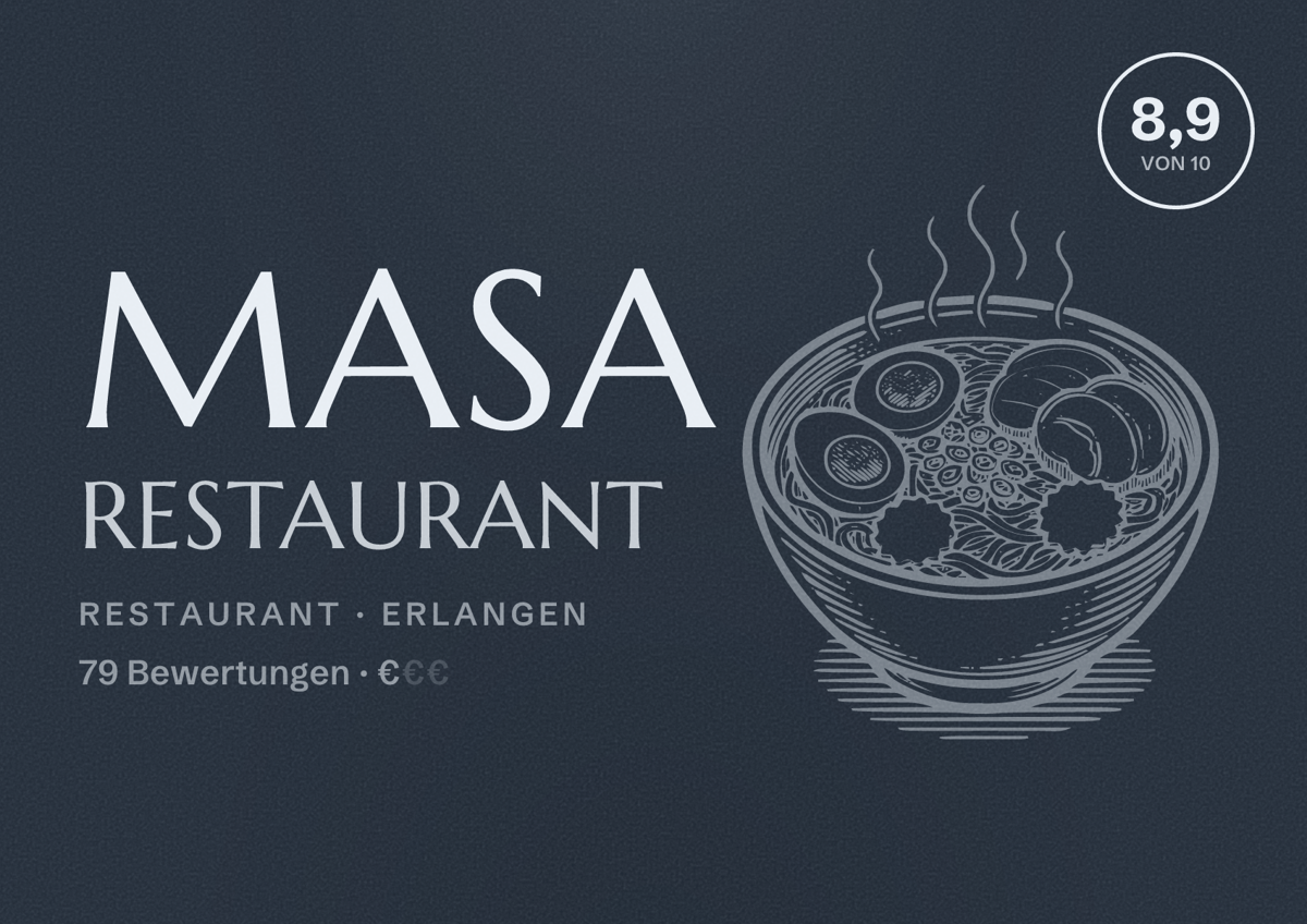 Illustriertes Poster von MASA Restaurant, Restaurant in Erlangen: Bewertung 8,9 von 10 aus 79 Bewertungen, Preisniveau €