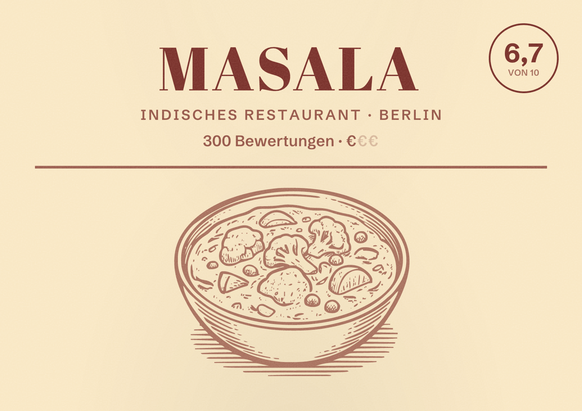 Illustriertes Poster von Masala, Indisches Restaurant in Berlin: Bewertung 6,7 von 10 aus 300 Bewertungen, Preisniveau €