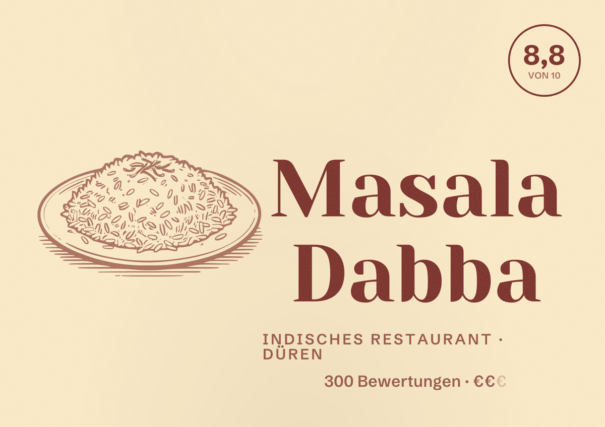 Illustriertes Poster von Masala Dabba, Indisches Restaurant in Düren: Bewertung 8,8 von 10 aus 300 Bewertungen, Preisniveau €€