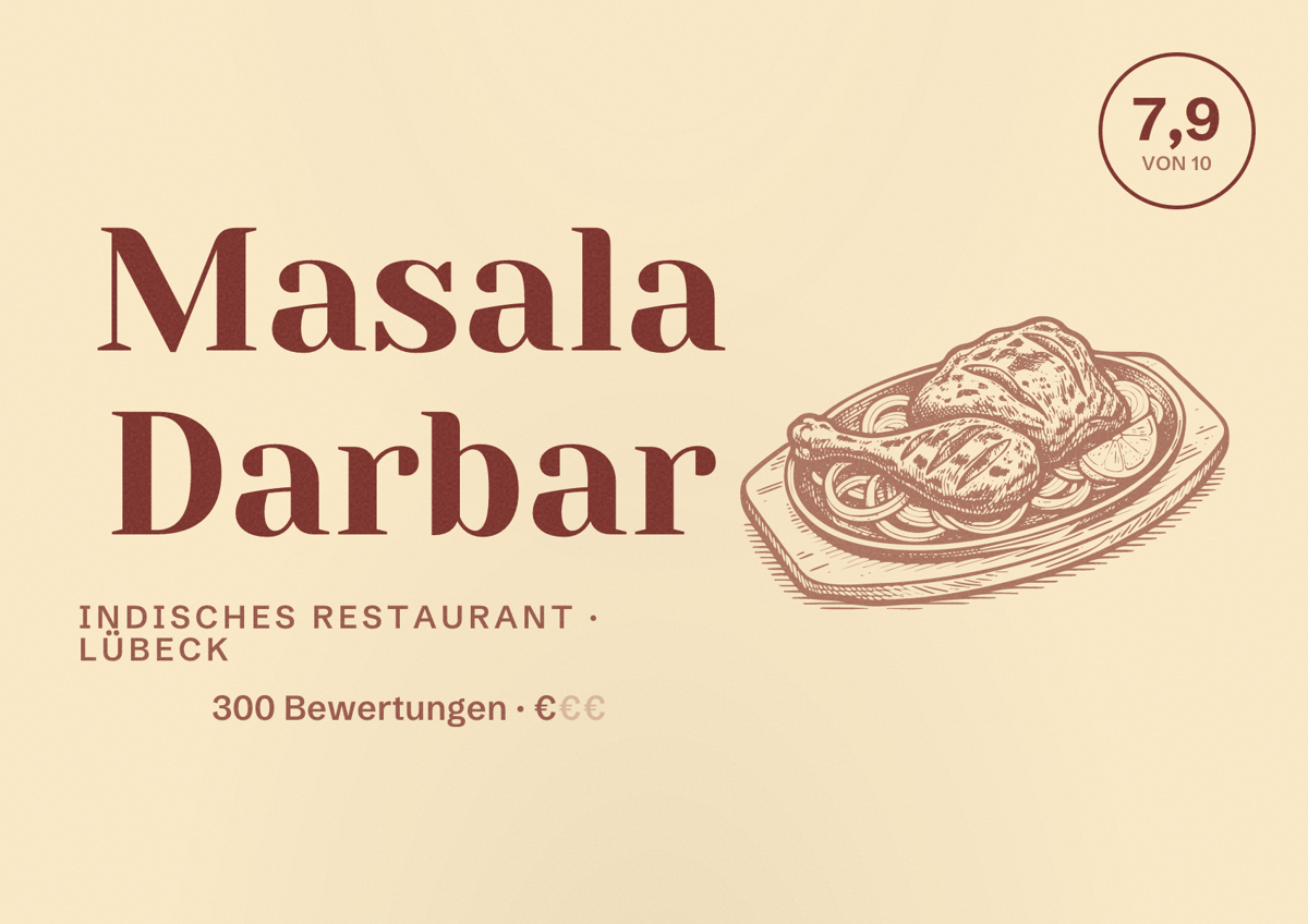 Illustriertes Poster von Masala Darbar, Indisches Restaurant in Lübeck: Bewertung 7,9 von 10 aus 300 Bewertungen, Preisniveau €