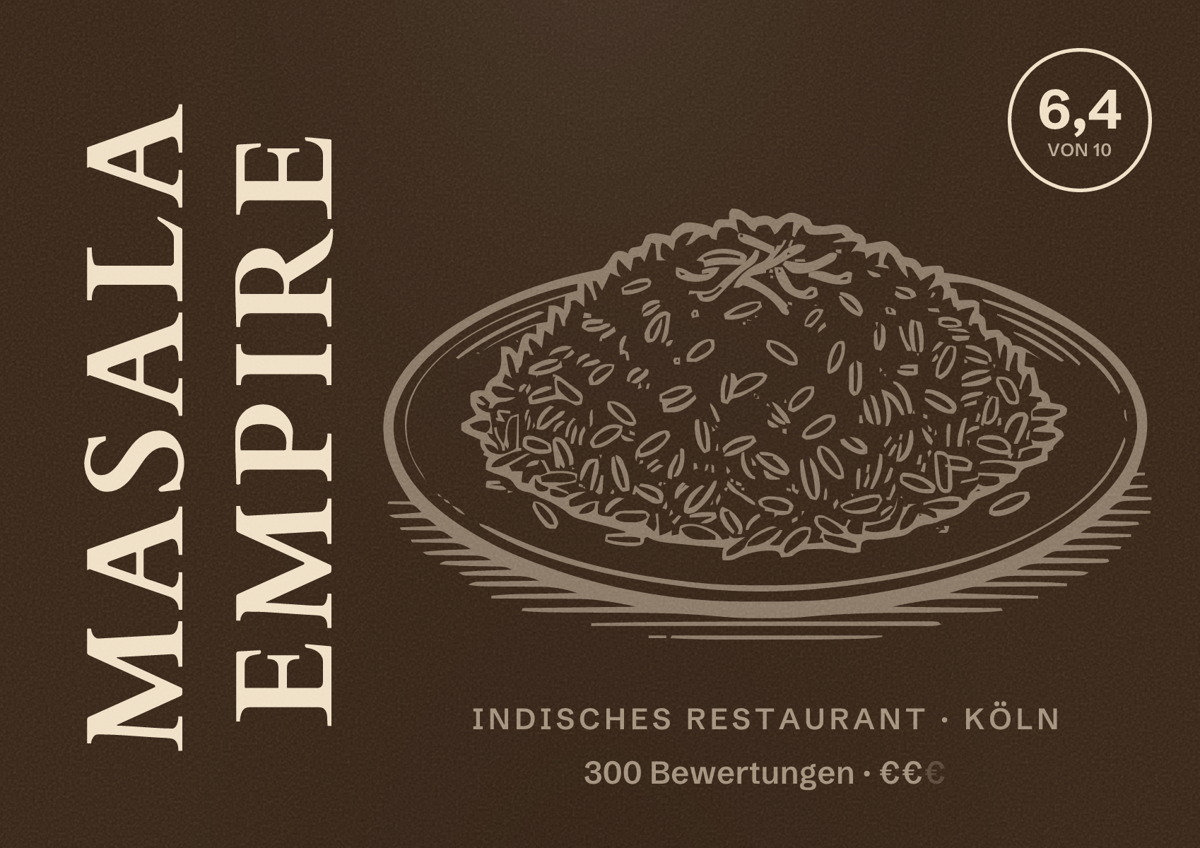 Illustriertes Poster von Masala Empire, Indisches Restaurant in Köln: Bewertung 6,4 von 10 aus 300 Bewertungen, Preisniveau €€