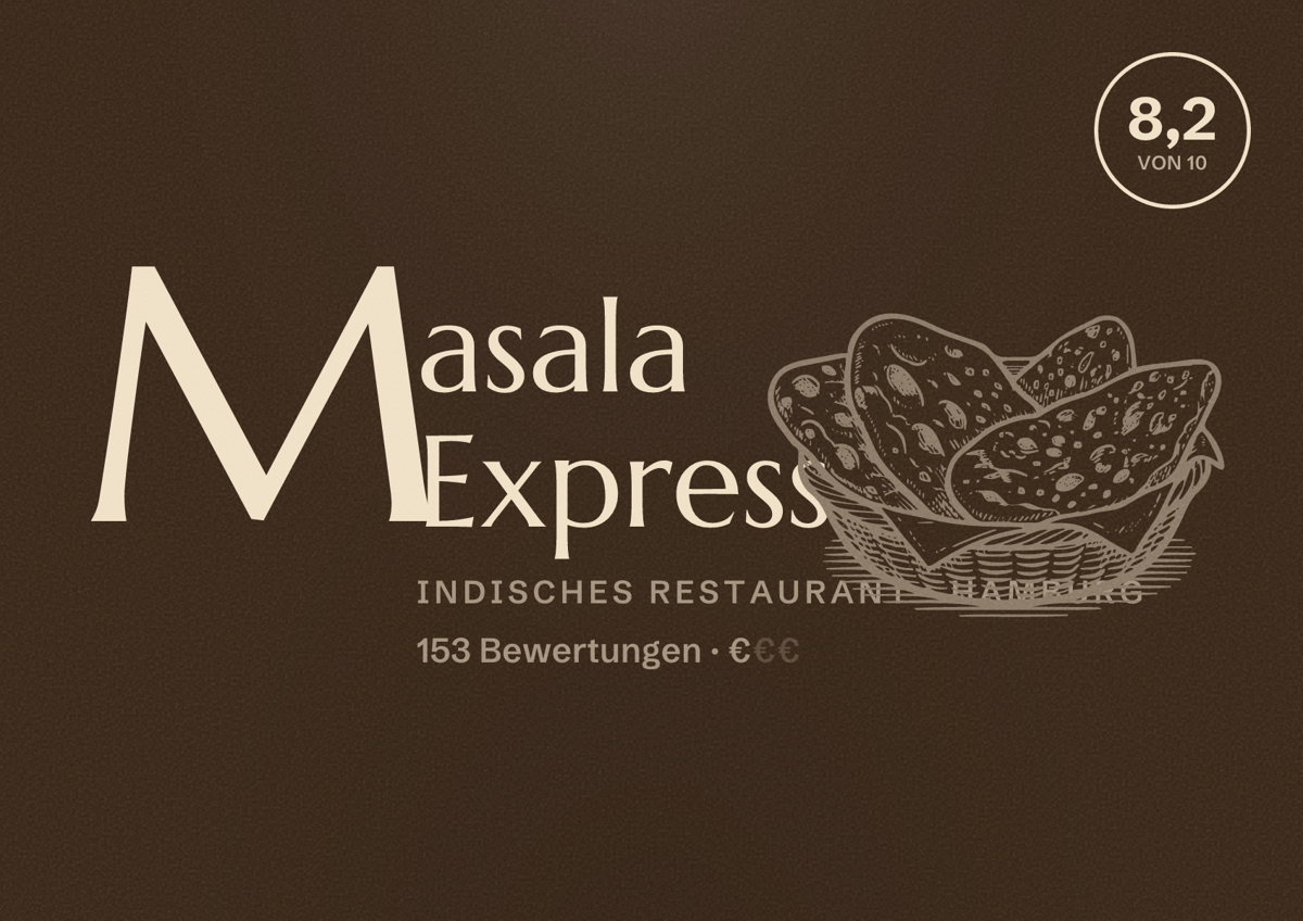 Illustriertes Poster von Masala Express, Indisches Restaurant in Hamburg: Bewertung 8,2 von 10 aus 153 Bewertungen, Preisniveau €