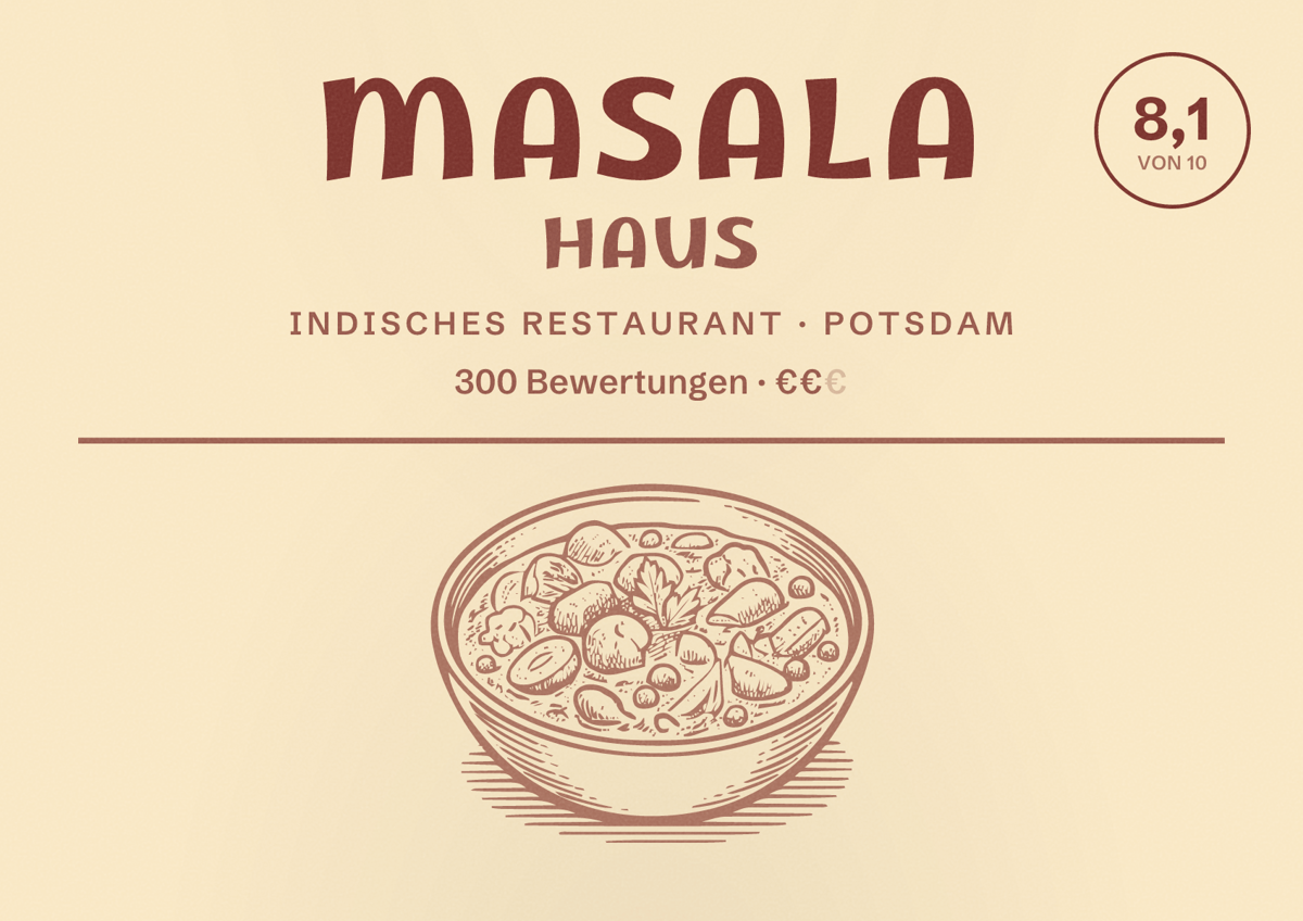 Illustriertes Poster von Masala Haus, Indisches Restaurant in Potsdam: Bewertung 8,1 von 10 aus 300 Bewertungen, Preisniveau €€