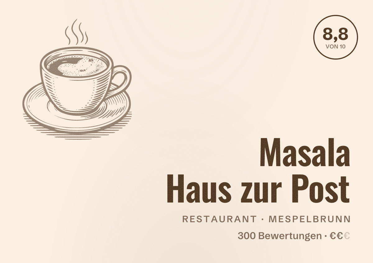 Illustriertes Poster von Masala Haus zur Post, Restaurant in Mespelbrunn: Bewertung 8,8 von 10 aus 300 Bewertungen, Preisniveau €€