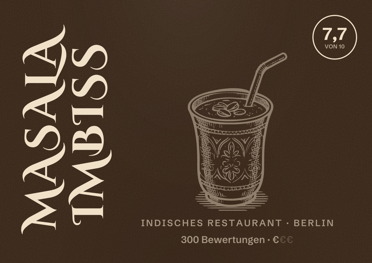 Illustriertes Poster von Masala Imbiss, Indisches Restaurant in Berlin: Bewertung 7,7 von 10 aus 300 Bewertungen, Preisniveau €