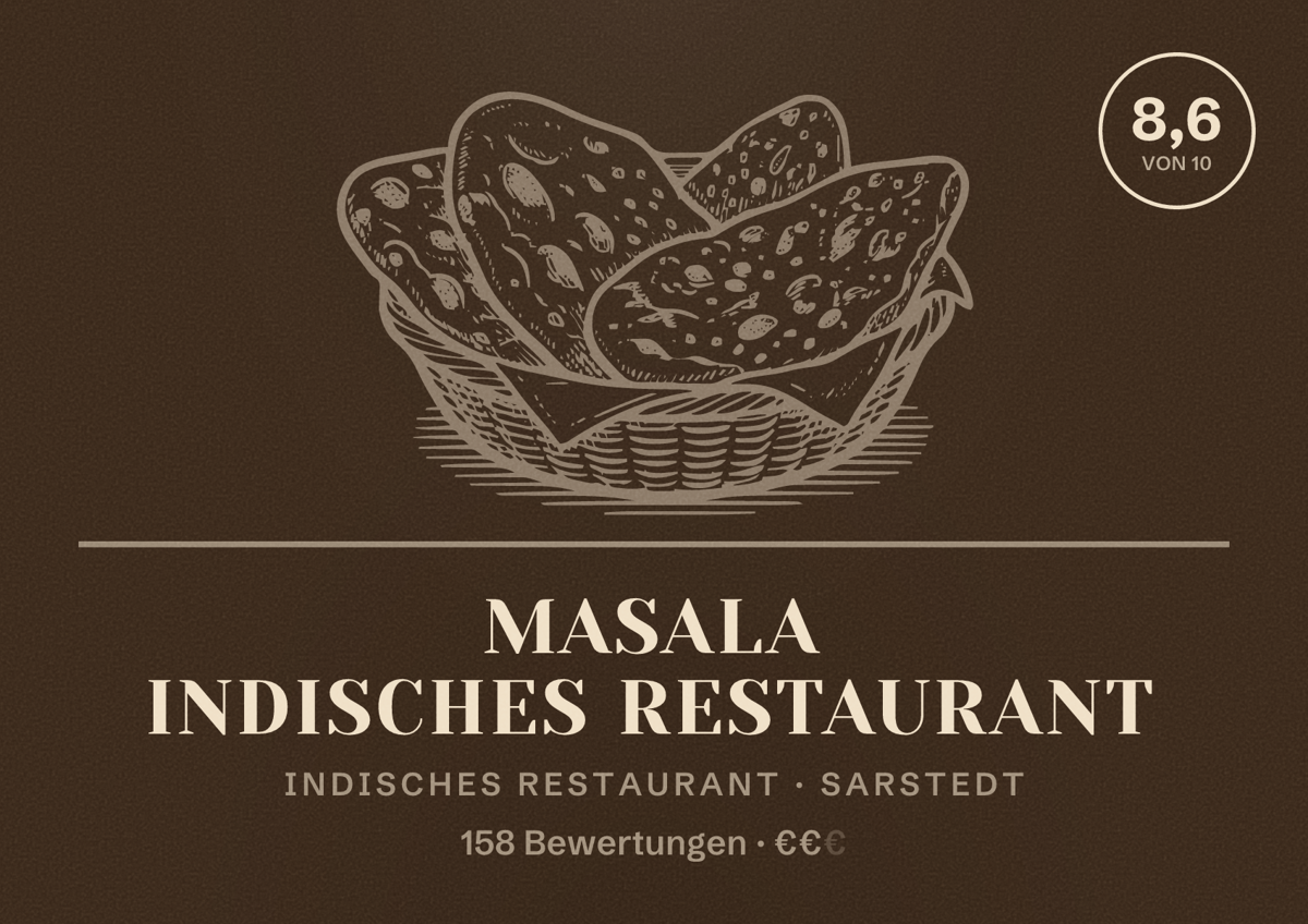Illustriertes Poster von Masala Indisches Restaurant, Indisches Restaurant in Sarstedt: Bewertung 8,6 von 10 aus 158 Bewertungen, Preisniveau €€
