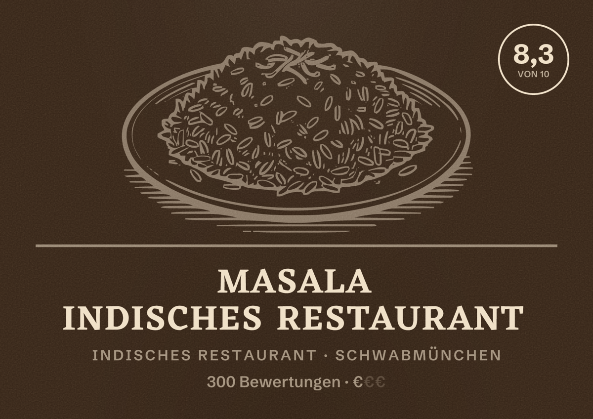Illustriertes Poster von Masala Indisches Restaurant, Indisches Restaurant in Schwabmünchen: Bewertung 8,3 von 10 aus 300 Bewertungen, Preisniveau €