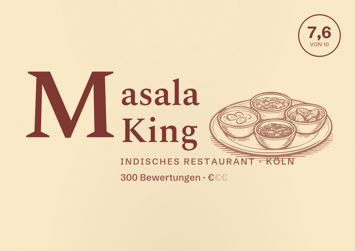 Illustriertes Poster von Masala King, Indisches Restaurant in Köln: Bewertung 7,6 von 10 aus 300 Bewertungen, Preisniveau €