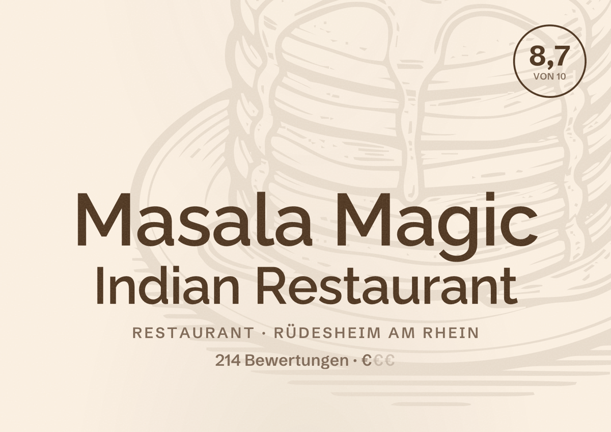 Illustriertes Poster von Masala Magic Indian Restaurant, Restaurant in Rüdesheim am Rhein: Bewertung 8,7 von 10 aus 214 Bewertungen, Preisniveau €