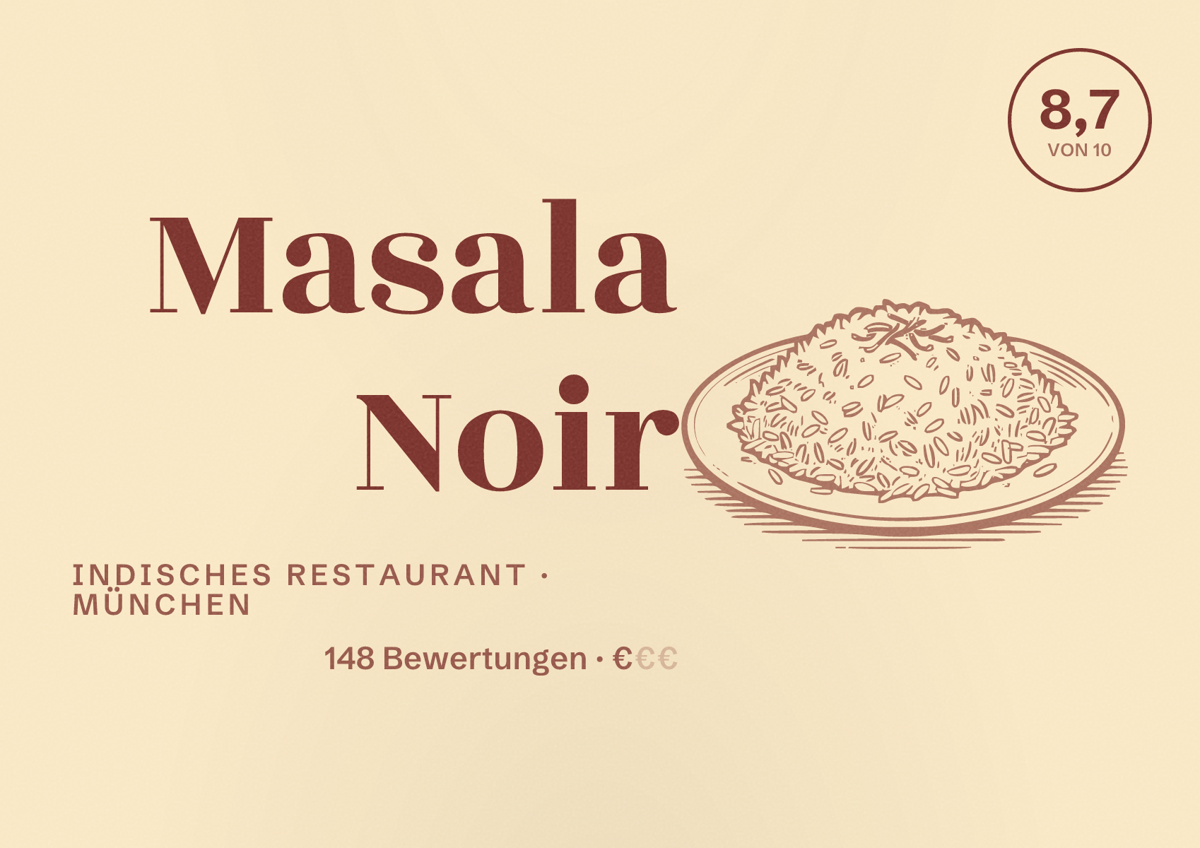 Illustriertes Poster von Masala Noir, Indisches Restaurant in München: Bewertung 8,7 von 10 aus 148 Bewertungen, Preisniveau €